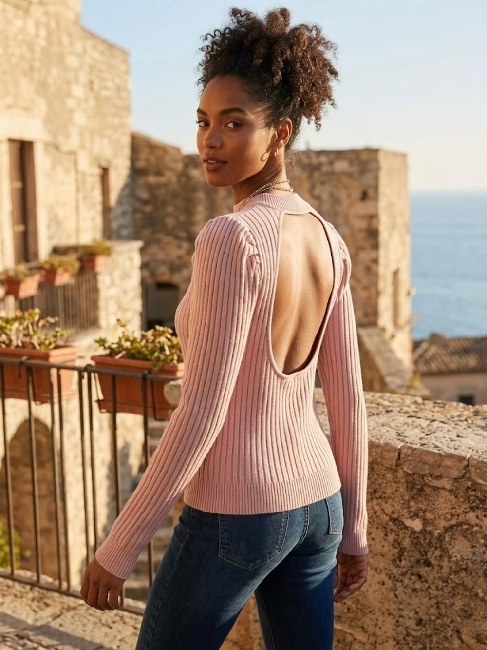 ASTR the Label Open Back Ribbed Knit Sweater